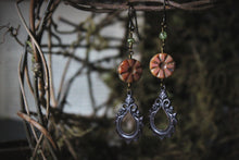 Load image into Gallery viewer, Gillyflower. Czech Glass & Antiqued Brass Drop Earrings.