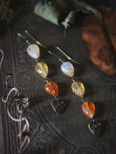 Load image into Gallery viewer, The Forest Haunt  | Golden Elm. Linear Carved Carnelian Earrings.