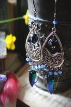 Load image into Gallery viewer, The Neon Garden | Flora's Jewel. Antiqued Silver & Beetle Wing Earrings.