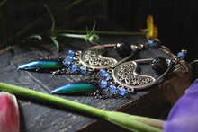Load image into Gallery viewer, The Neon Garden | Flora's Jewel. Antiqued Silver & Beetle Wing Earrings.