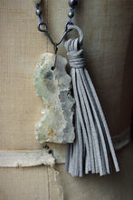 Load image into Gallery viewer, Misty Morn. Hand-knotted Gemstone & Suede Tassel Mala Necklace.