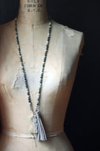 Load image into Gallery viewer, Misty Morn. Hand-knotted Gemstone & Suede Tassel Mala Necklace.