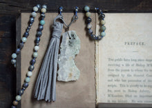 Load image into Gallery viewer, Misty Morn. Hand-knotted Gemstone & Suede Tassel Mala Necklace.