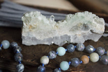 Load image into Gallery viewer, Misty Morn. Hand-knotted Gemstone & Suede Tassel Mala Necklace.