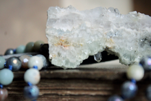 Load image into Gallery viewer, Misty Morn. Hand-knotted Gemstone & Suede Tassel Mala Necklace.