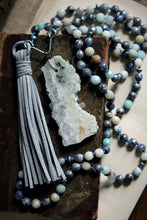 Load image into Gallery viewer, Misty Morn. Hand-knotted Gemstone & Suede Tassel Mala Necklace.
