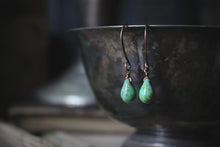 Load image into Gallery viewer, Verdigris. Delicate Glass Droplet & Antiqued Copper Earrings.