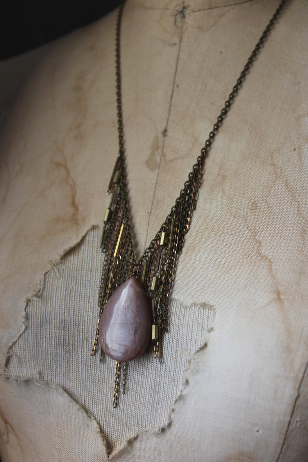 Luminary II. Peach Moonstone & Brass Fringe Necklace.