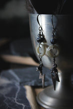 Load image into Gallery viewer, Dark &amp; Stormy | Gilded Gloom. Glass &amp; Gemstone Drop Earrings.