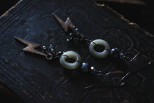 Load image into Gallery viewer, Dark &amp; Stormy | Gilded Gloom. Glass &amp; Gemstone Drop Earrings.