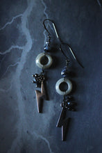 Load image into Gallery viewer, Dark &amp; Stormy | Gilded Gloom. Glass &amp; Gemstone Drop Earrings.