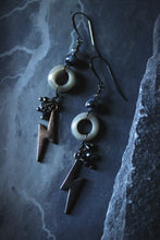 Load image into Gallery viewer, Dark &amp; Stormy | Gilded Gloom. Glass &amp; Gemstone Drop Earrings.