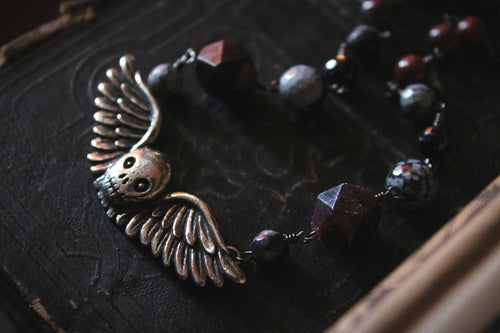 The Caretaker. Winged Skull Pendant & Gemstone Necklace.