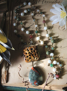Bloodroot Season | Sanguinaria. Beaded Gemstone Pendant Necklace.