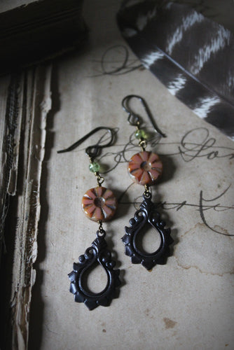 Gillyflower. Czech Glass & Antiqued Brass Drop Earrings.