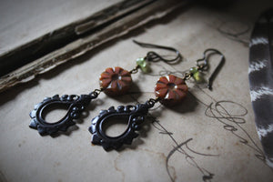 Gillyflower. Czech Glass & Antiqued Brass Drop Earrings.