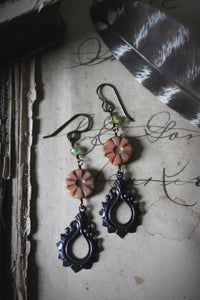 Gillyflower. Czech Glass & Antiqued Brass Drop Earrings.