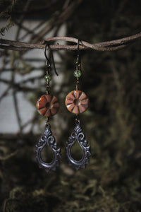 Gillyflower. Czech Glass & Antiqued Brass Drop Earrings.