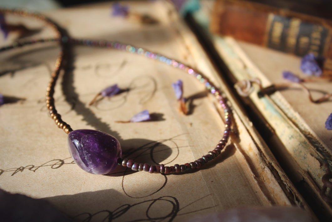 Violet Skies | Grimlins ~ Dogtooth Amethyst. Seed Bead Focal Necklace.