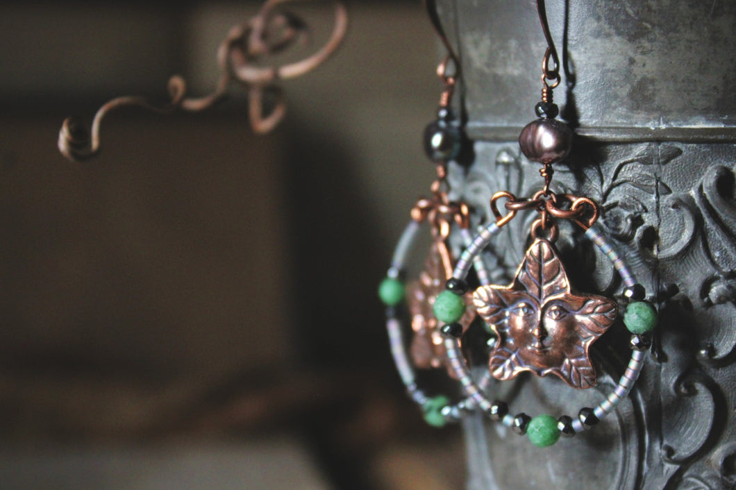 Greenfolk |  Gemstone & Glass Bead Hoop Charm Earrings.