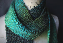 Load image into Gallery viewer, The Kelpie&#39;s Keep. Storyteller Series. Crocheted Fringe Scarf.