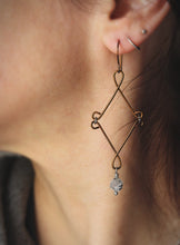 Load image into Gallery viewer, Long Shadow. Antiqued Bronze &amp; Quartz Earrings.