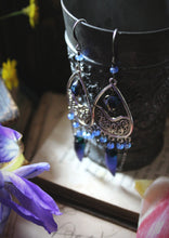 Load image into Gallery viewer, The Neon Garden | Flora&#39;s Jewel. Antiqued Silver &amp; Beetle Wing Earrings.