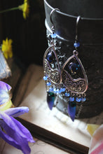 Load image into Gallery viewer, The Neon Garden | Flora&#39;s Jewel. Antiqued Silver &amp; Beetle Wing Earrings.