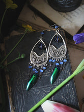 Load image into Gallery viewer, The Neon Garden | Flora&#39;s Jewel. Antiqued Silver &amp; Beetle Wing Earrings.