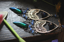 Load image into Gallery viewer, The Neon Garden | Flora&#39;s Jewel. Antiqued Silver &amp; Beetle Wing Earrings.