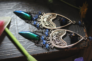 The Neon Garden | Flora's Jewel. Antiqued Silver & Beetle Wing Earrings.