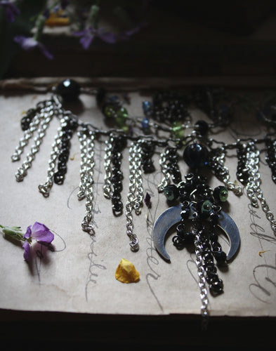 The Neon Garden | Bat Orchid. Chain Fringe & Crescent Moon Necklace.