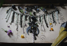 Load image into Gallery viewer, The Neon Garden | Bat Orchid. Chain Fringe &amp; Crescent Moon Necklace.