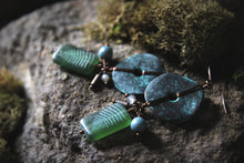 Load image into Gallery viewer, Along the River |  Millstream. Artisan Glass &amp; Verdigris Drop Earrings.