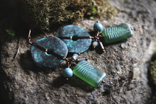 Load image into Gallery viewer, Along the River |  Millstream. Artisan Glass &amp; Verdigris Drop Earrings.