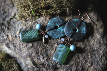 Load image into Gallery viewer, Along the River |  Millstream. Artisan Glass &amp; Verdigris Drop Earrings.