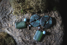 Load image into Gallery viewer, Along the River |  Millstream. Artisan Glass &amp; Verdigris Drop Earrings.