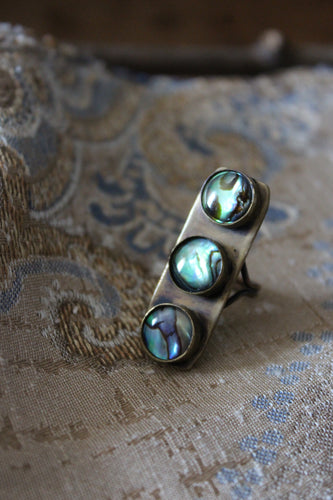 Vintage Artisan Brass, Copper & Abalone Ring.