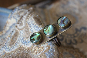 Vintage Artisan Brass, Copper & Abalone Ring.