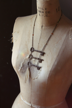 Load image into Gallery viewer, Old Bonedown&#39;s Three Keys. Storyteller Series. Antique Skeleton Key &amp; Carved Bone Feather Necklace.