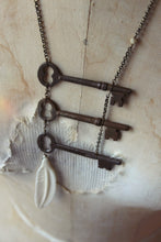 Load image into Gallery viewer, Old Bonedown&#39;s Three Keys. Storyteller Series. Antique Skeleton Key &amp; Carved Bone Feather Necklace.