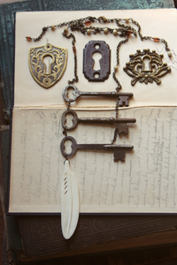 Old Bonedown's Three Keys. Storyteller Series. Antique Skeleton Key & Carved Bone Feather Necklace.