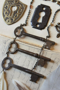 Old Bonedown's Three Keys. Storyteller Series. Antique Skeleton Key & Carved Bone Feather Necklace.