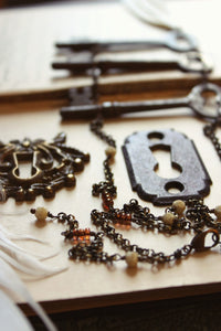 Old Bonedown's Three Keys. Storyteller Series. Antique Skeleton Key & Carved Bone Feather Necklace.