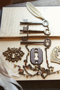 Old Bonedown's Three Keys. Storyteller Series. Antique Skeleton Key & Carved Bone Feather Necklace.