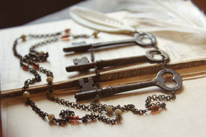 Old Bonedown's Three Keys. Storyteller Series. Antique Skeleton Key & Carved Bone Feather Necklace.