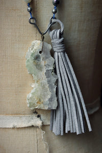 Misty Morn. Hand-knotted Gemstone & Suede Tassel Mala Necklace.