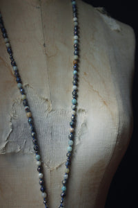 Misty Morn. Hand-knotted Gemstone & Suede Tassel Mala Necklace.