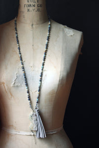 Misty Morn. Hand-knotted Gemstone & Suede Tassel Mala Necklace.