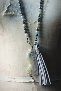 Misty Morn. Hand-knotted Gemstone & Suede Tassel Mala Necklace.